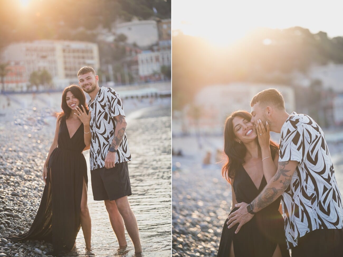 Where to Propose in Nice? A Local Photographer’s Guide to an Unforgettable Moment 15 Romantic couple portrait after their proposal at sunrise on nice seaside beach