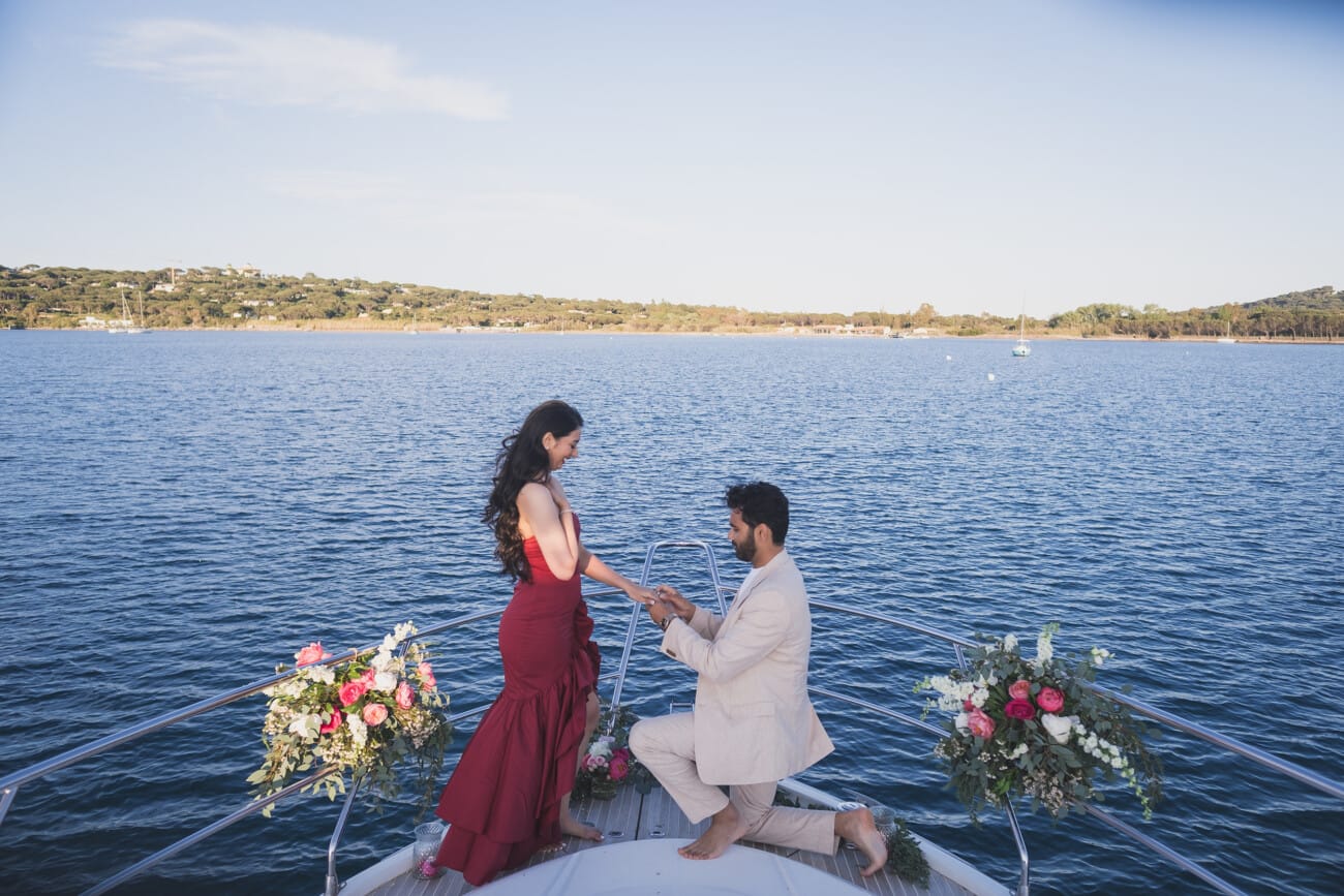 Saint Tropez intimate indian Yacht Proposal surrounded by flowers 