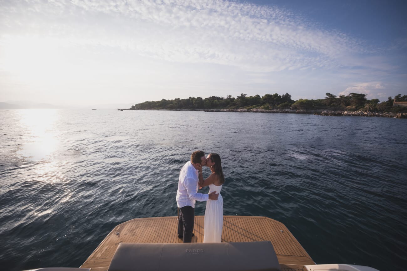 Cannes sunset Yacht Proposal 7 Cannes Yacht Proposal Celebration at sunset in between Lérins Island.
French Riviera proposal Photographer and French Riviera proposal Planner WildRoses