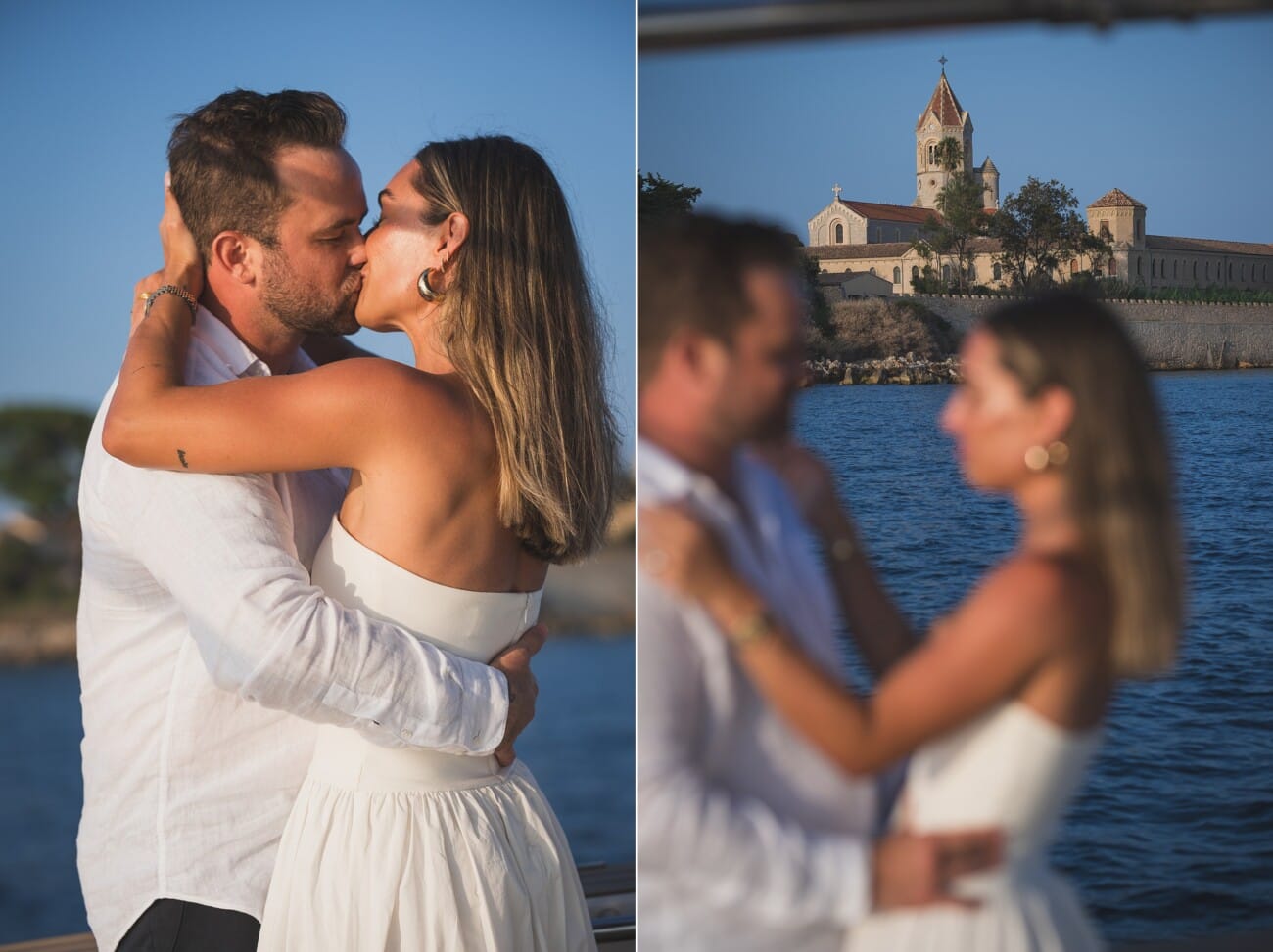 Cannes sunset Yacht Proposal 18 Kiss in from to Lérins Church to celebrate their intimate cannes engagement