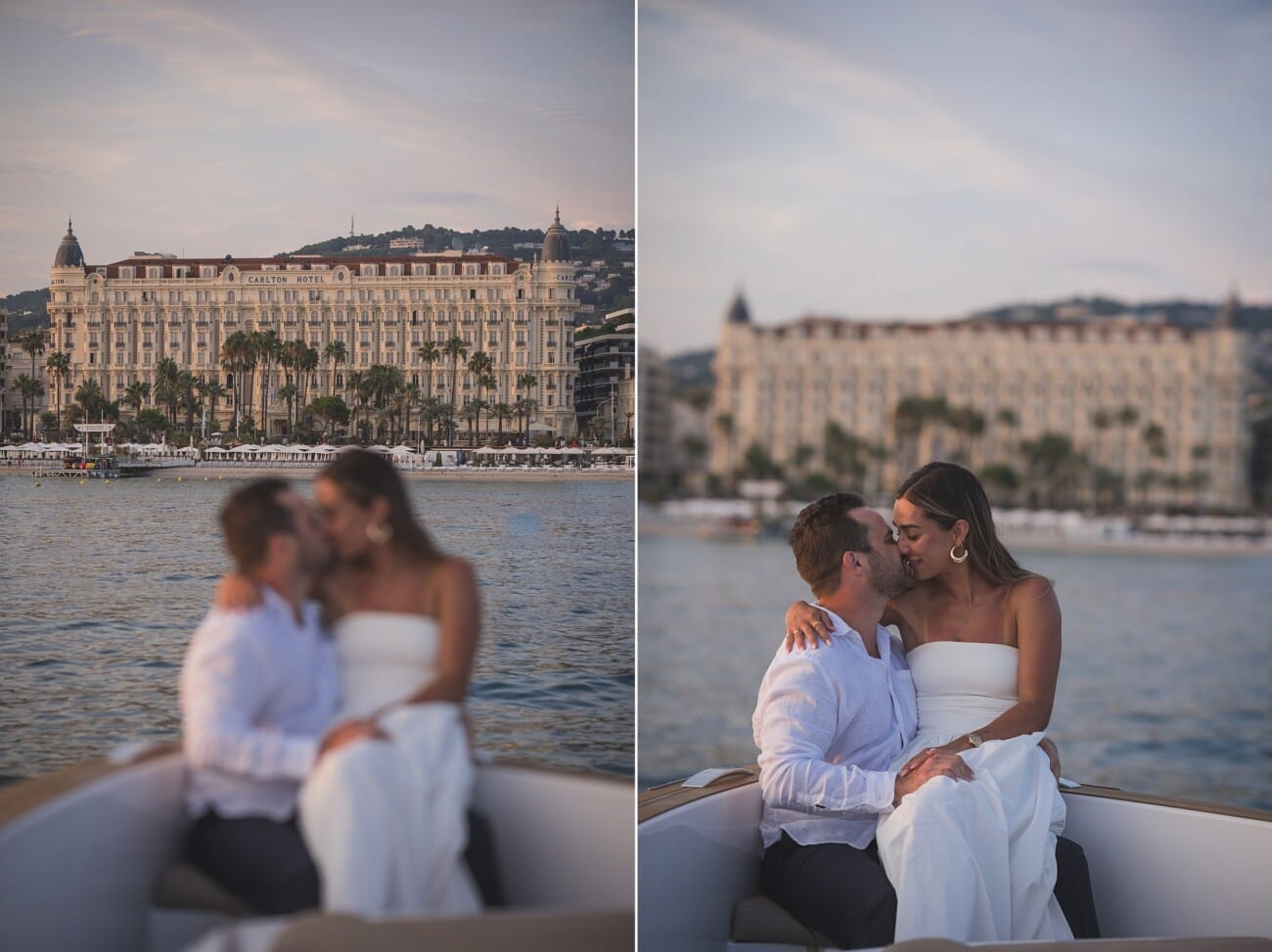 Cannes sunset Yacht Proposal 23 Kiss on a yacht with Cannes Hotel in the backdrop after their proposal near Lérins Islands