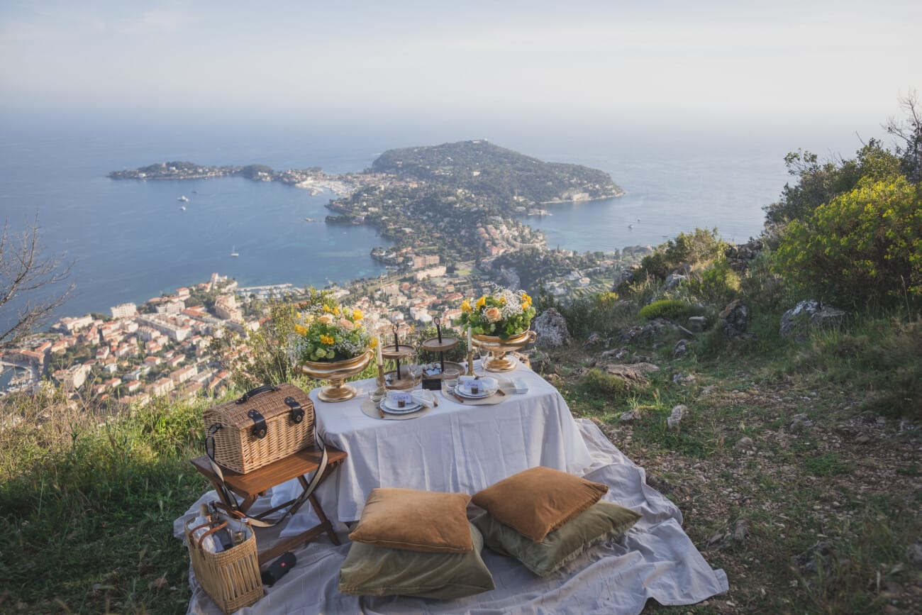 French Riviera intimate Yellow picnic proposal 2 French Riviera Intimate Proposal overlooking Saint-Jean-Cap-Ferrat from VilleFranche-sur-Mer hills.
Custom luxury picnic planned and photographed by WildRoses