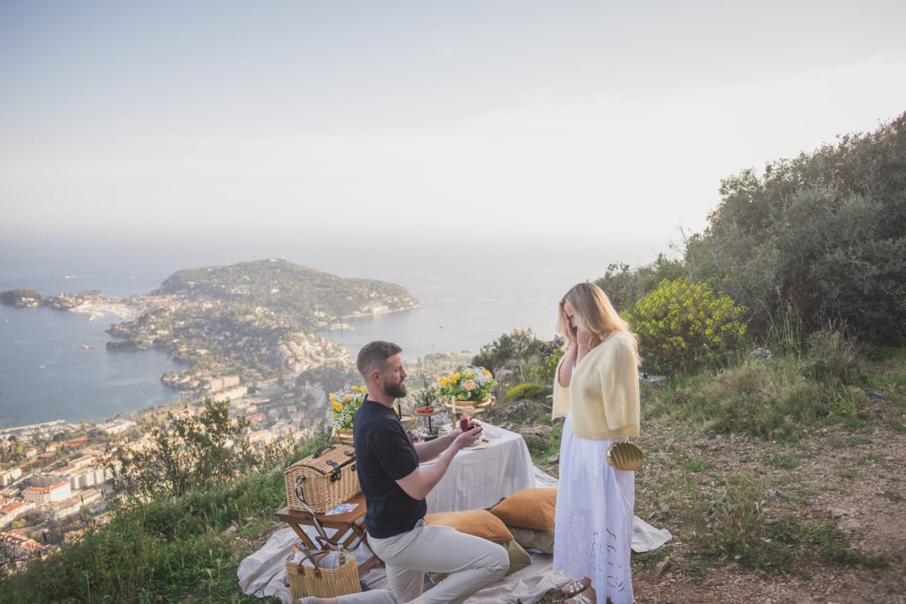 French Riviera intimate Yellow picnic proposal 6 French Riviera Intimate Proposal overlooking Saint-Jean-Cap-Ferrat from VilleFranche-sur-Mer hills.
Custom luxury picnic planned and photographed by WildRoses