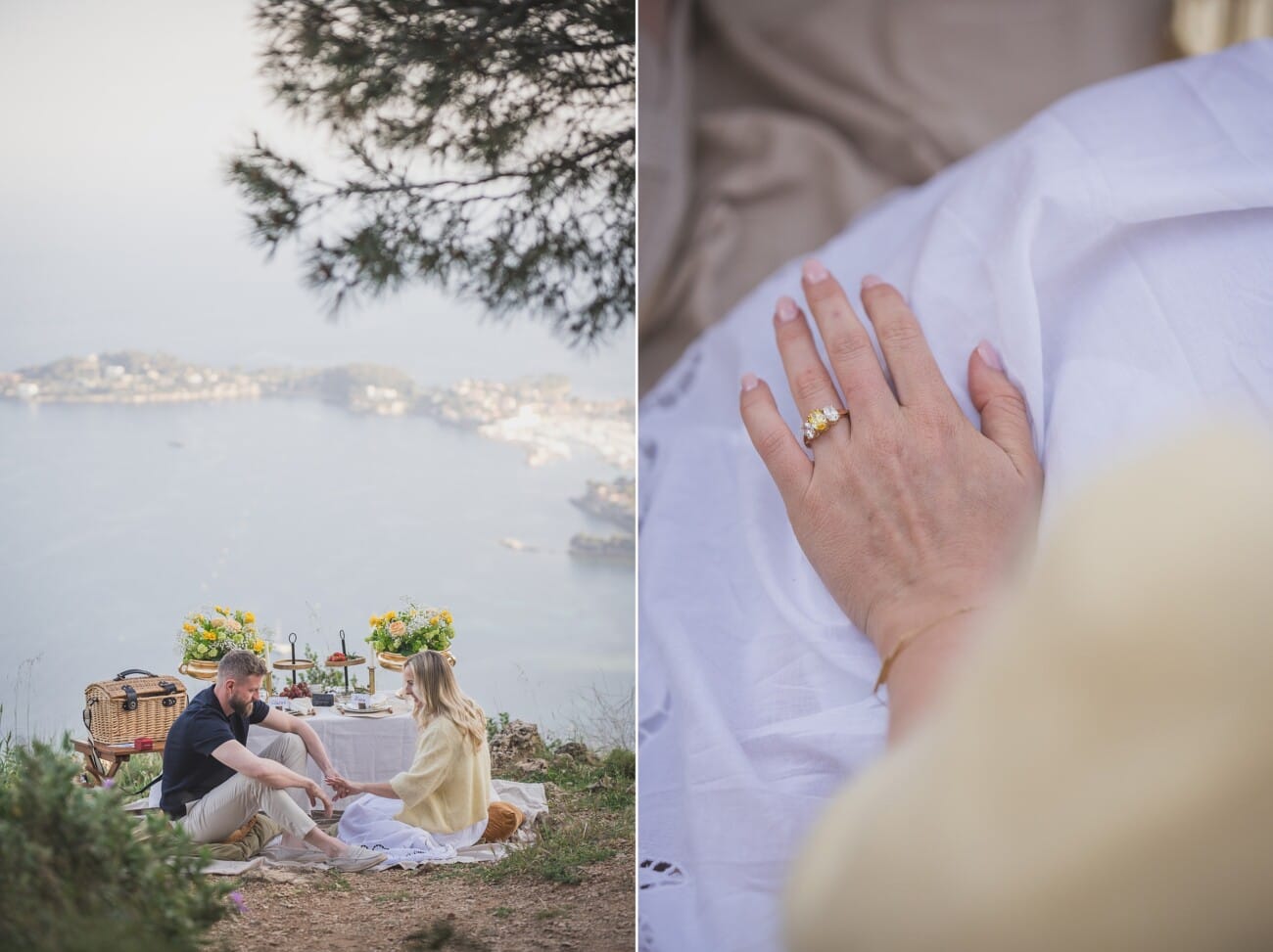 French Riviera intimate Yellow picnic proposal 10 French Riviera Intimate Proposal overlooking Saint-Jean-Cap-Ferrat from VilleFranche-sur-Mer hills.
Custom luxury picnic planned and photographed by WildRoses