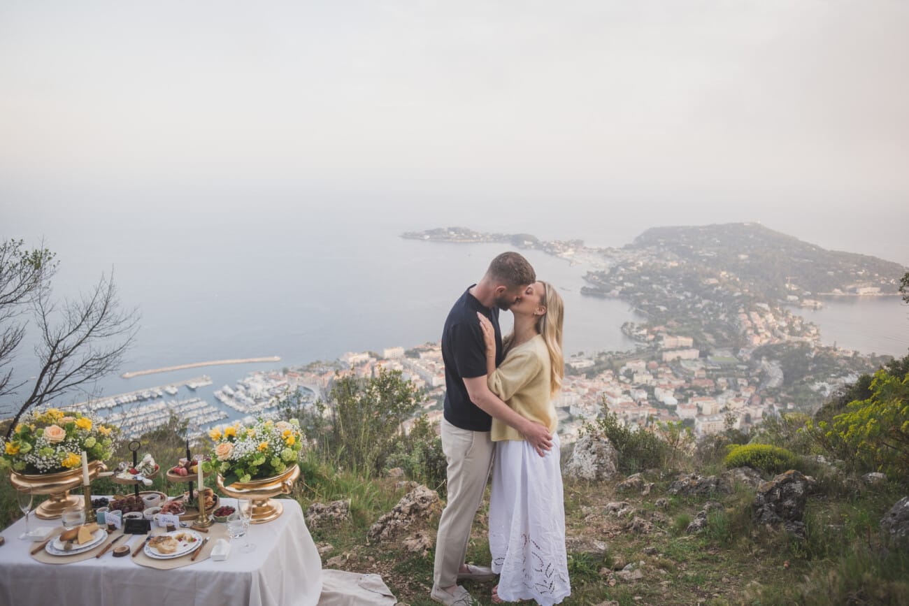 French Riviera luxury proposal picnic  overlooking Saint-Jean-Cap-Ferrat from an intimate spot on the hillside of Villefranche-sur-Mer