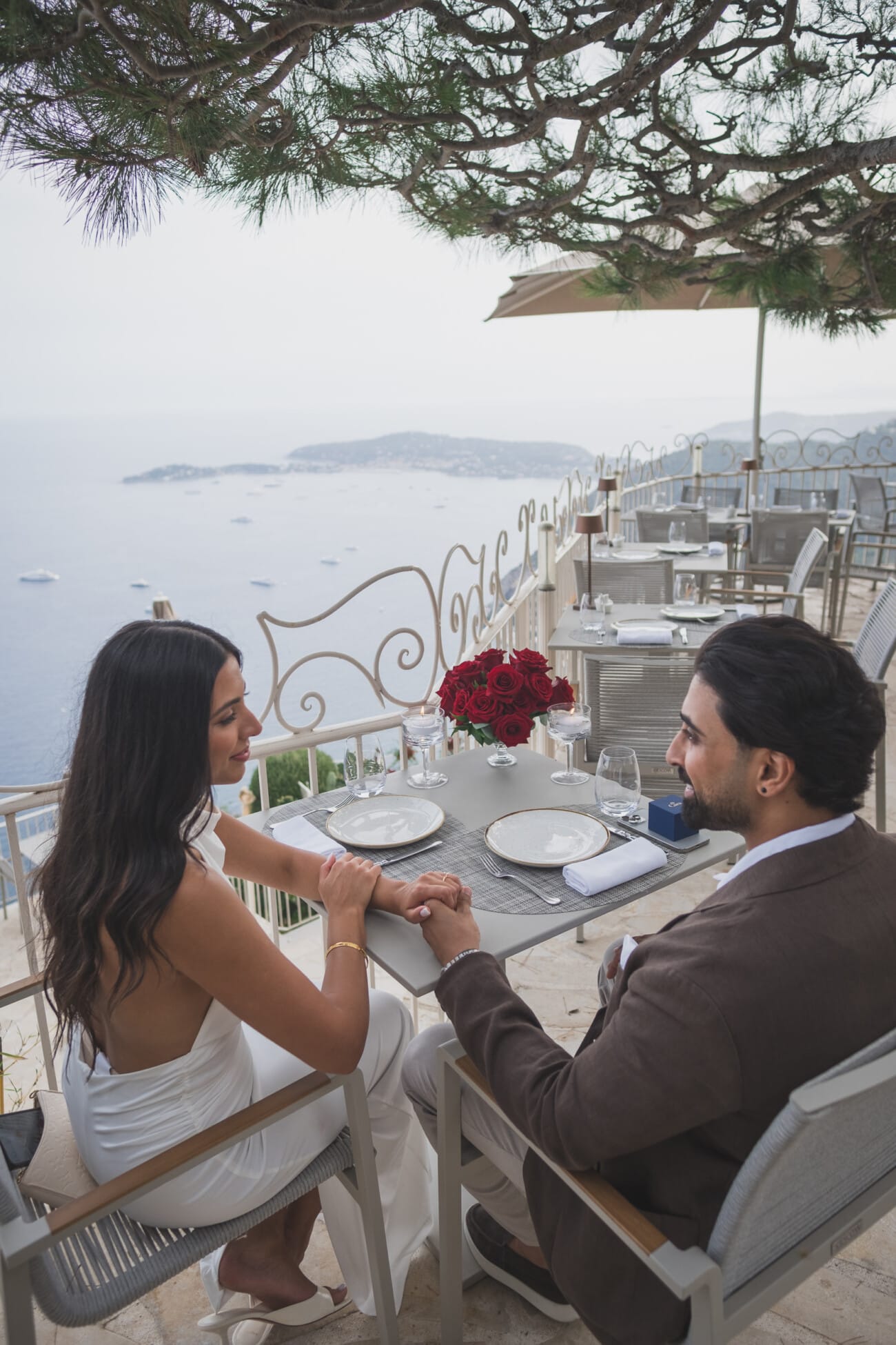 Chateau Chevre d'Or Eze, table setup overlooking the French Riviera at La terrace du Café, to celebrate their engagement.
French Riviera Proposal planning and Photography WildRoses