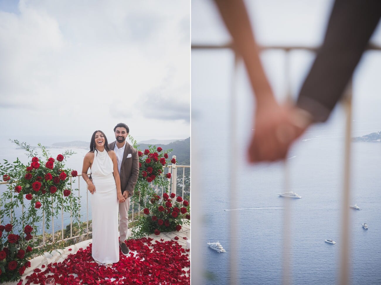 Chateau Chevre d'Or Eze, intimate proposal  With red roses floral setup in the private garden overlooking the French Riviera
French Riviera Proposal planning and Photography WildRoses