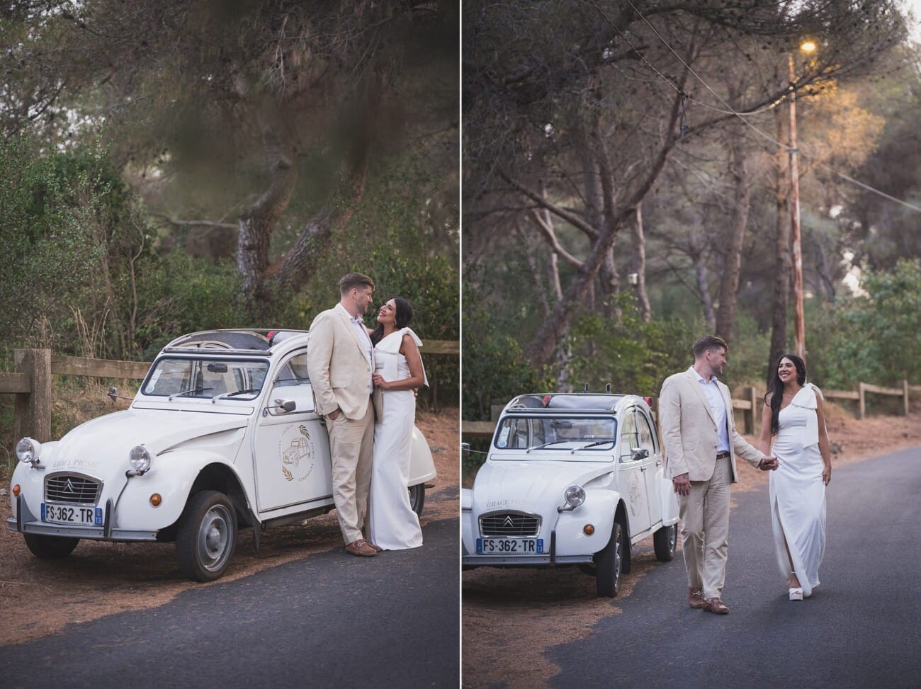Above the Bay: An Intimate French Riviera Elopement on the Hillsides 29 Couple laughing with wedding outfits during their french Riviera Elopement.
Bride and groom next to a vintage 2cv