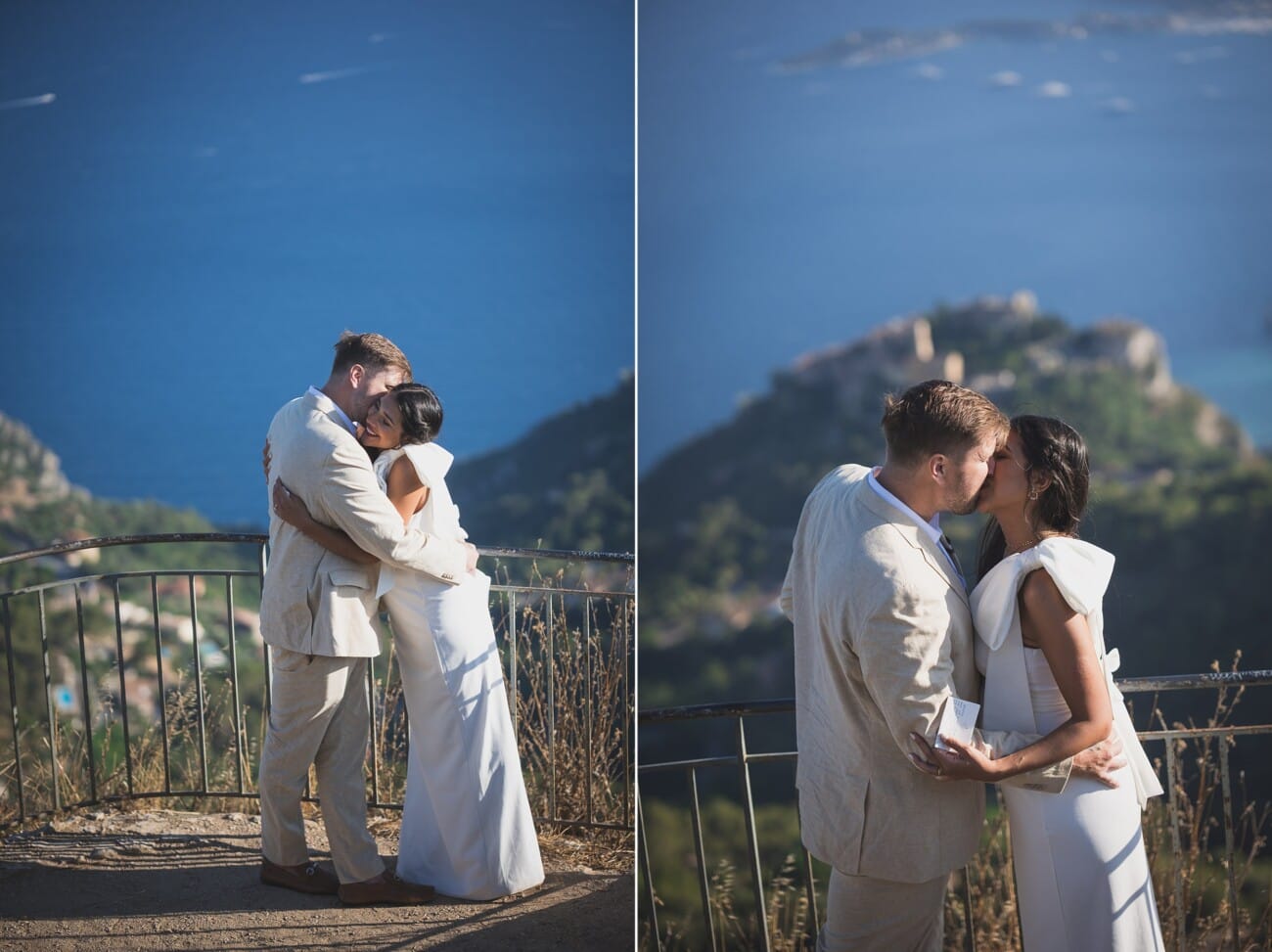 Above the Bay: An Intimate French Riviera Elopement on the Hillsides 14 The couple kissing after their vows during their romantic French Riviera Elopement, with crazy coastline view in the backdrop