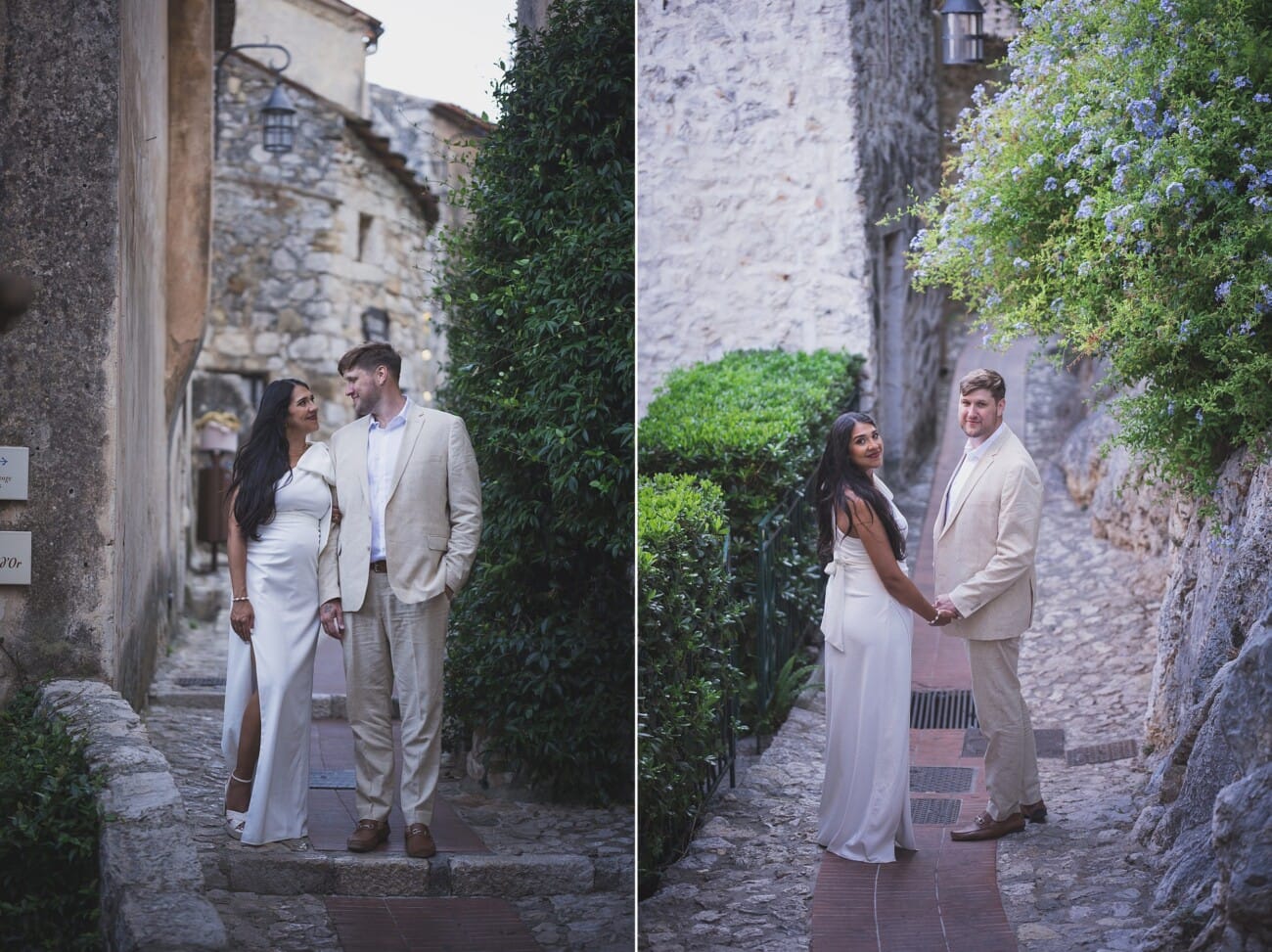 Above the Bay: An Intimate French Riviera Elopement on the Hillsides 18 Couple portraits in the narrow street of the medieval town Eze during their french Riviera Elopement