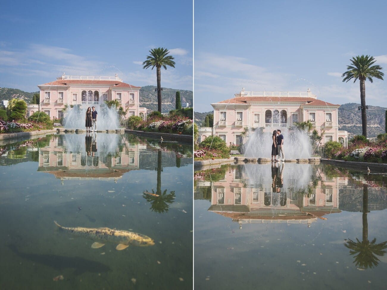 Intimate Morning Proposal at Villa Ephrussi de Rothschild 5 Villa Ephrussi Proposal reflection with fish by the fountain