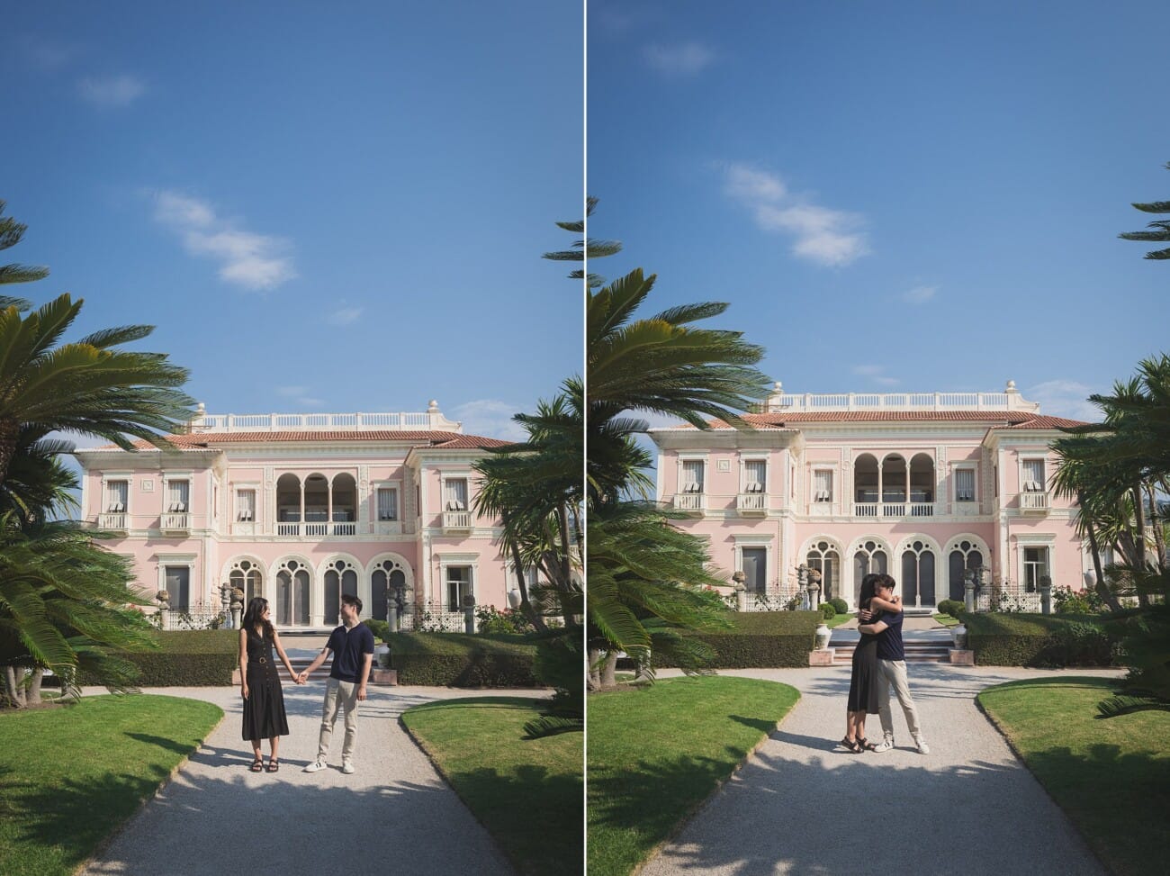 Intimate Morning Proposal at Villa Ephrussi de Rothschild 6 hugging in front of villa Ephrussi after their intimate proposal