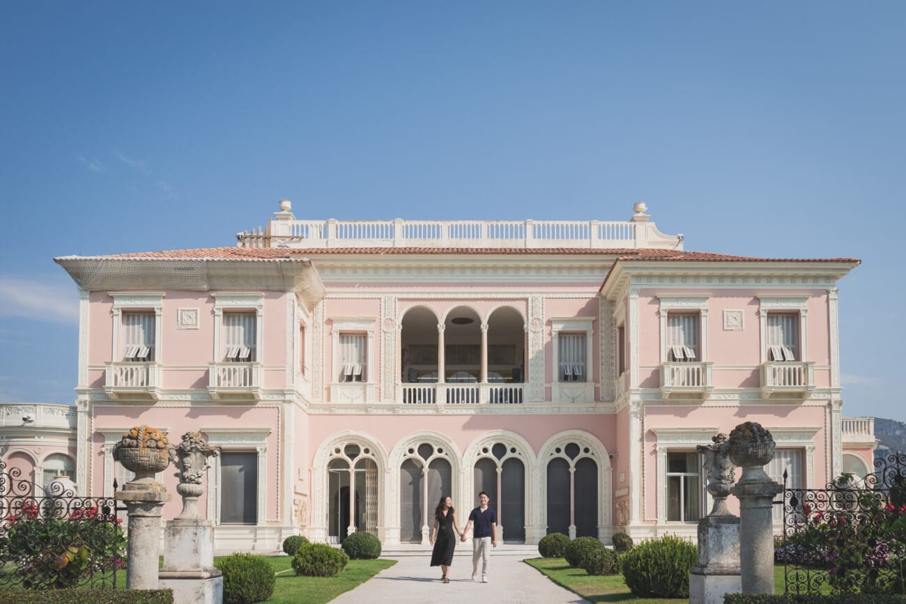 Intimate Morning Proposal at Villa Ephrussi de Rothschild 7 walking in front of Ville Ephrussi after their Proposal