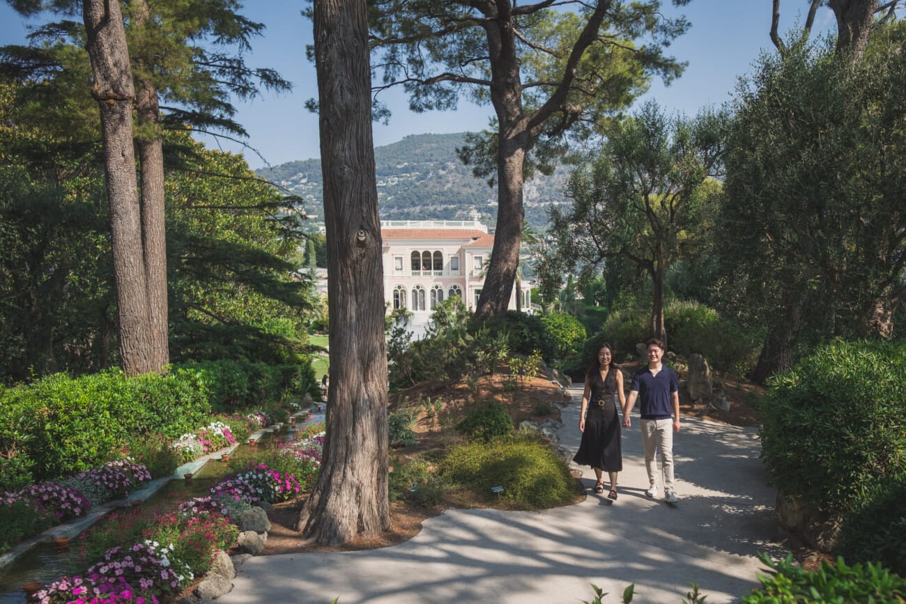 Intimate Morning Proposal at Villa Ephrussi de Rothschild 13 Villa Ephrussi Proposal couple walking the garden