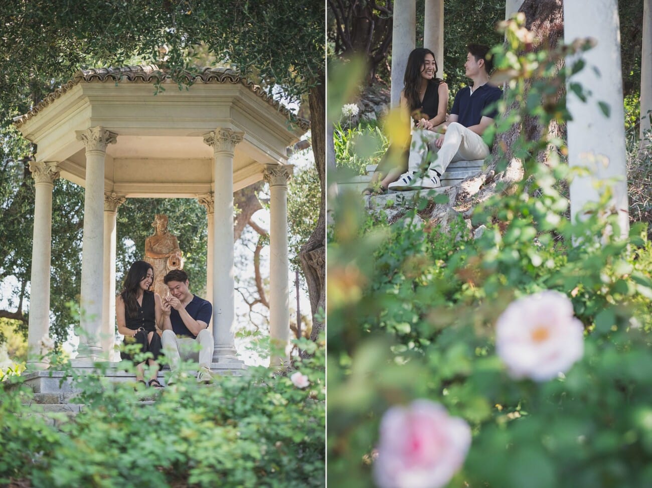 Intimate Morning Proposal at Villa Ephrussi de Rothschild 16 Villa Ephrussi Proposal couple sitting next to the rose garden