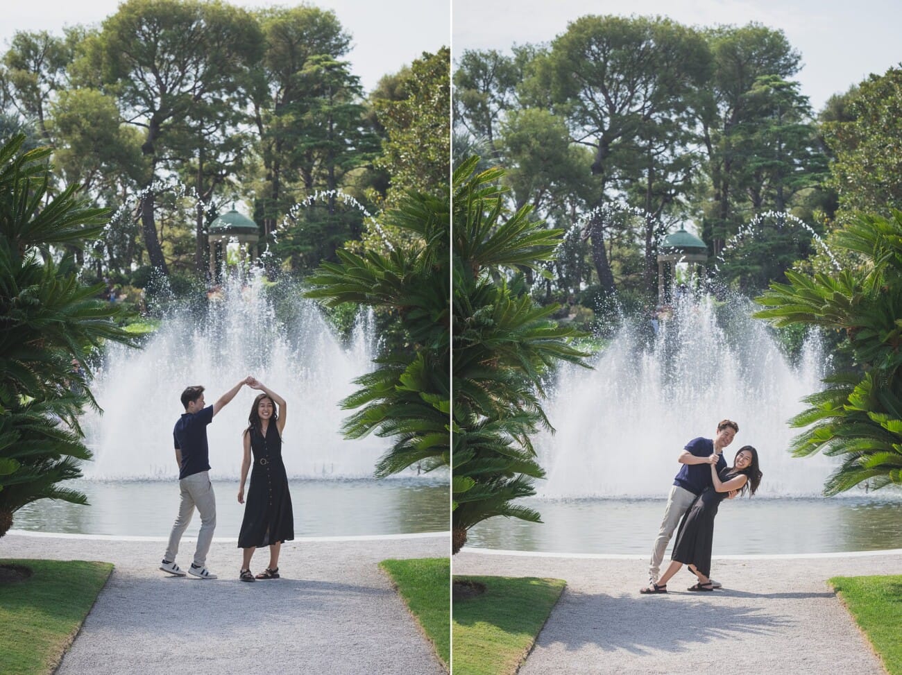 Intimate Morning Proposal at Villa Ephrussi de Rothschild 21 Villa Ephrussi Proposal couple dancing in front of the fountains