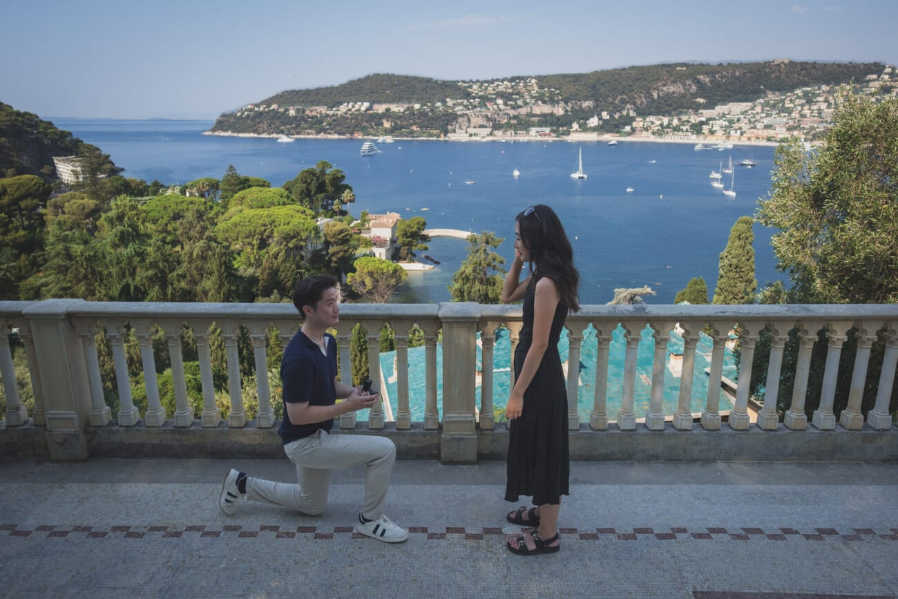Intimate Morning Proposal at Villa Ephrussi de Rothschild 2 Villa Ephrussi Proposal getting on his knee in front of the bay