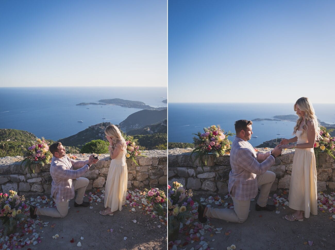 Secret French Riviera fall proposal floral setup overlooking Eze and the coastline