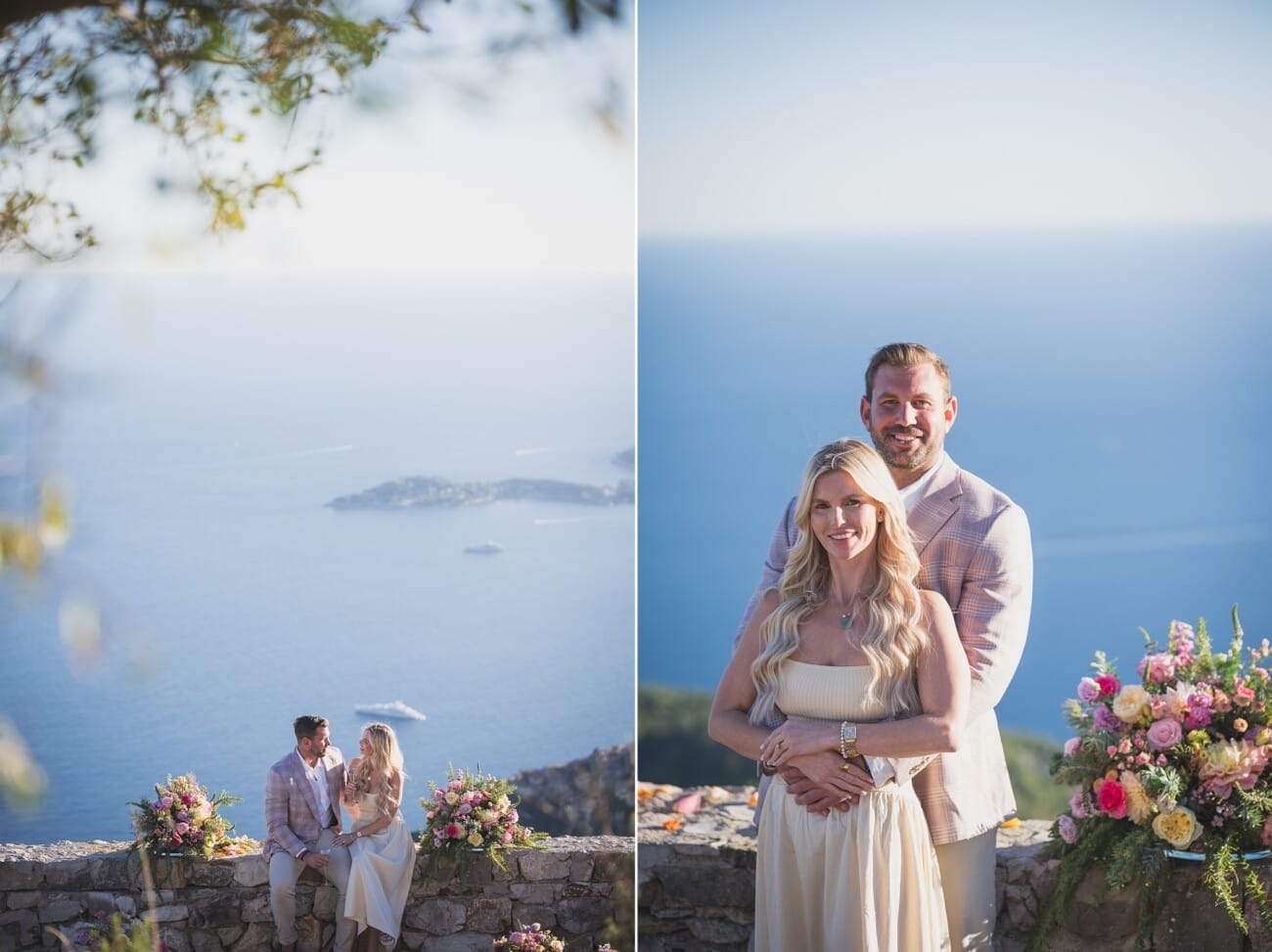 lovely French Riviera fall proposal floral setup overlooking Eze and the coastline
