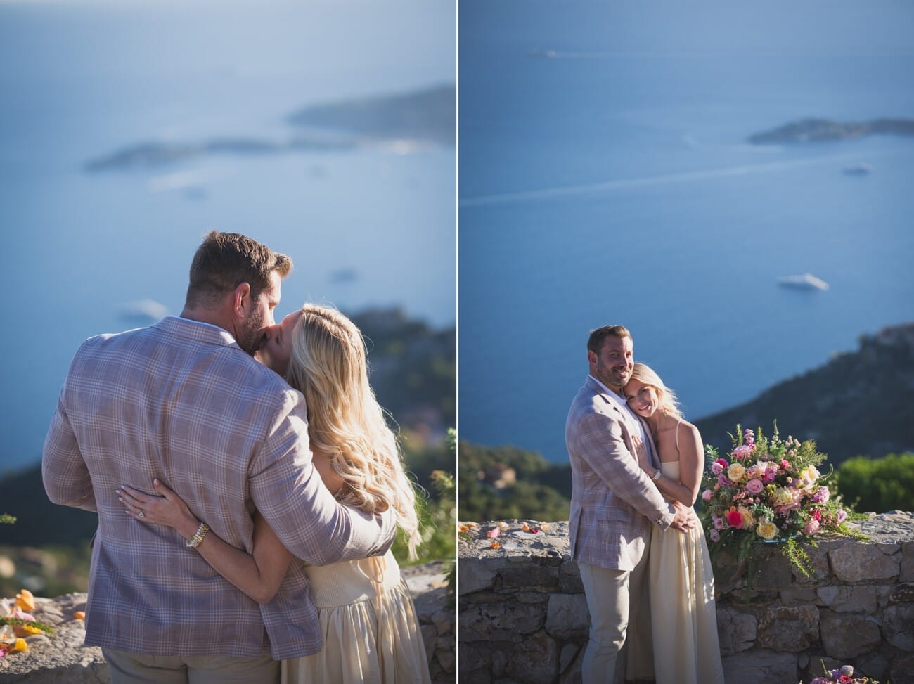 French Riviera fall proposal floral setup overlooking Eze and the coastline