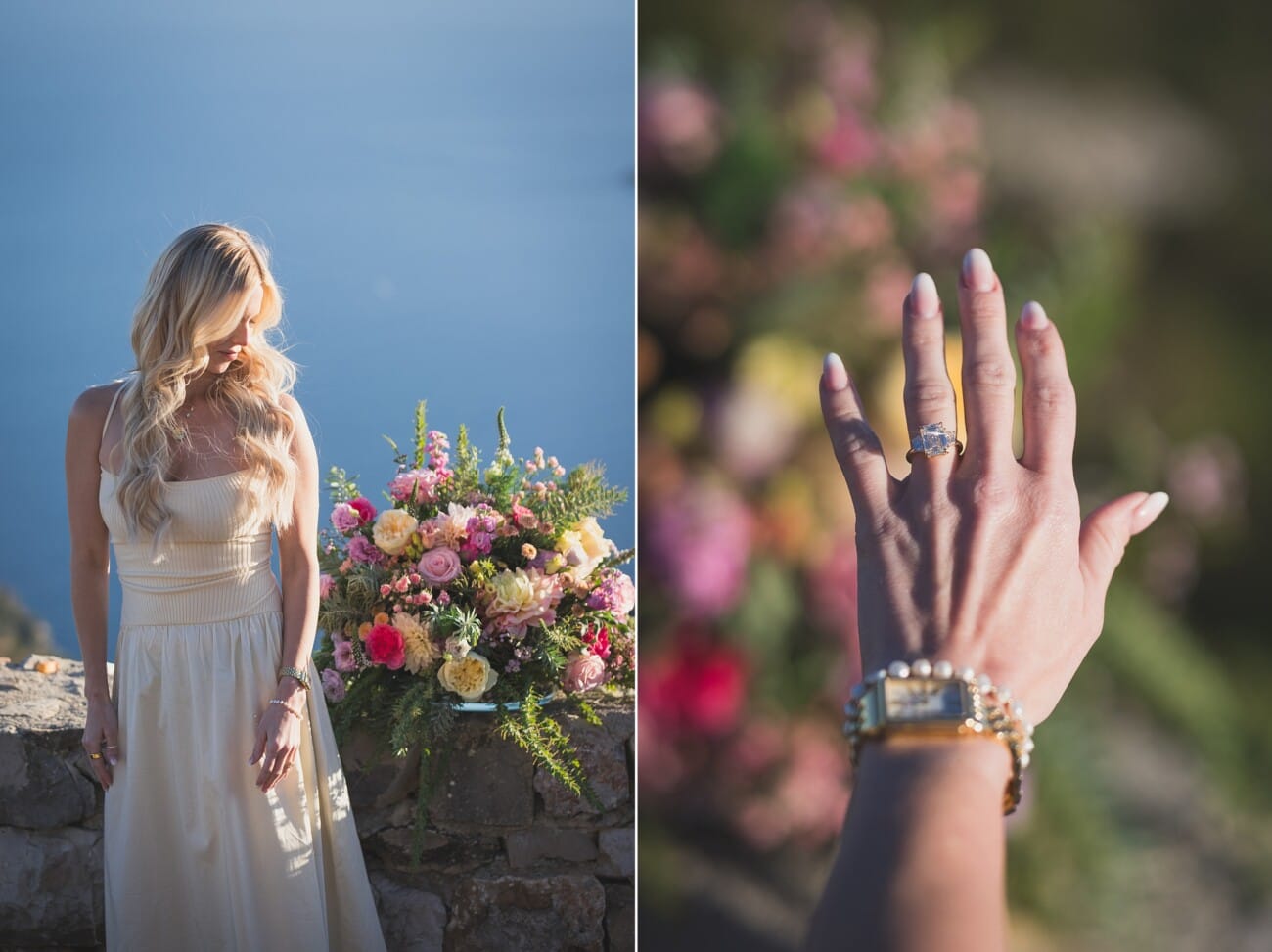 French Riviera fall proposal overlooking Eze and the coastline beautiful diamond engagement ring
