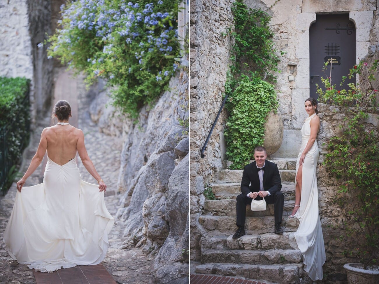 Intimate french riviera Elopement at Chateau Eza and strolling Eze streets for couples' portraits with beautiful wedding dress
