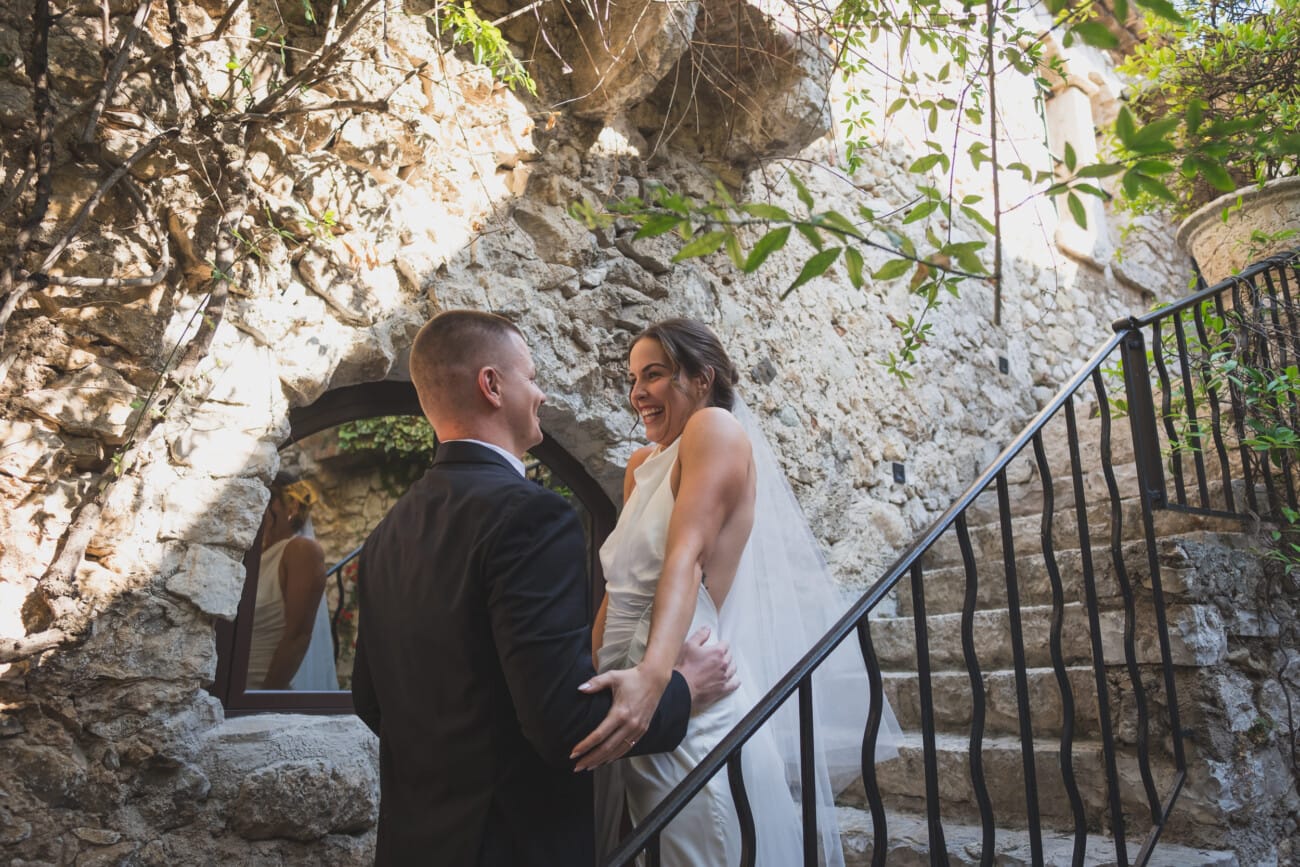 Intimate  Elopement first look of bride and groom on the French Riviera staying and celebrating at Chateau Eza