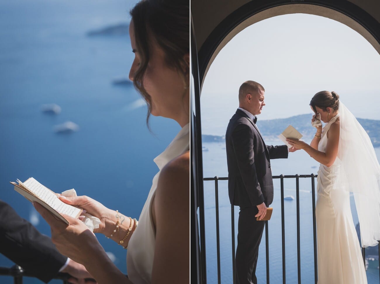 Intimate  Elopement ceremony exchanging vows overlooking the French Riviera coastline from Chateau Eza
