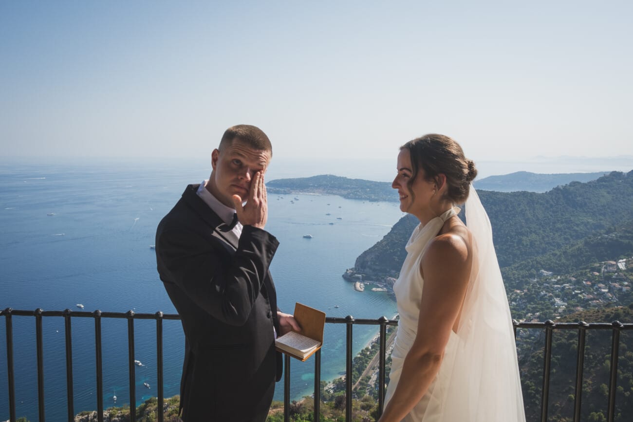Tears of Joy during their vows echange overlooking the French Riviera coastline during their intimate elopement