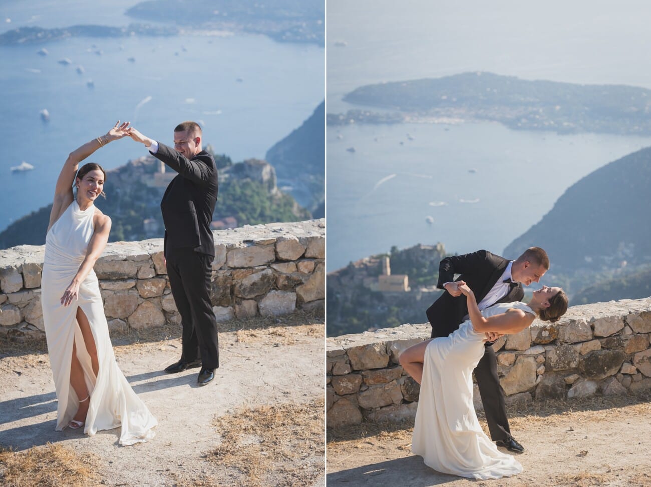 French Riviera Elopement Photographer — Crafting Intimate and Elegant Love Stories 4 Joyful first dance overlooking the French Riviera coastline after their intimate ceremony at romantic Chateau Eza