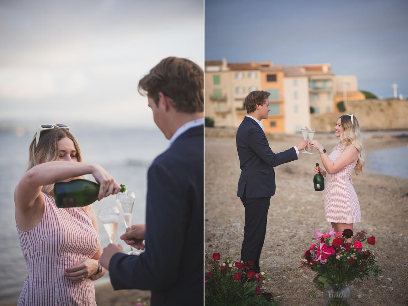Sunrise Proposal an the beach: A Private Saint-Tropez Story 7 Saint Tropez early morning proposal planned on the beach toasting champagne glasses.
Planning and photography WildRoses