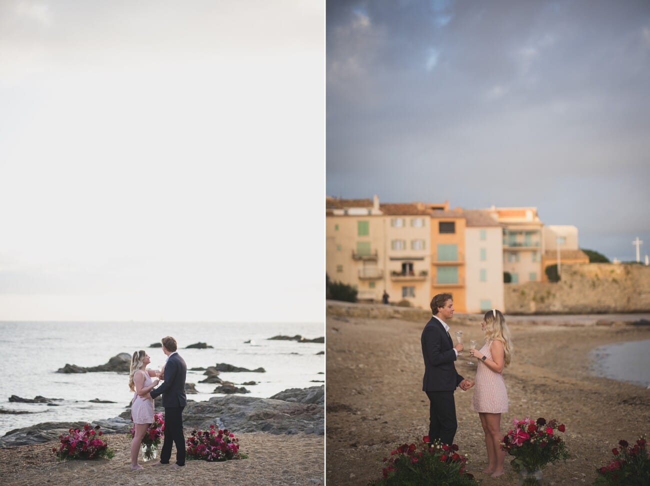 Sunrise Proposal an the beach: A Private Saint-Tropez Story 8 Saint Tropez early morning proposal planned on the beach toasting champagne glasses.
Planning and photography WildRoses