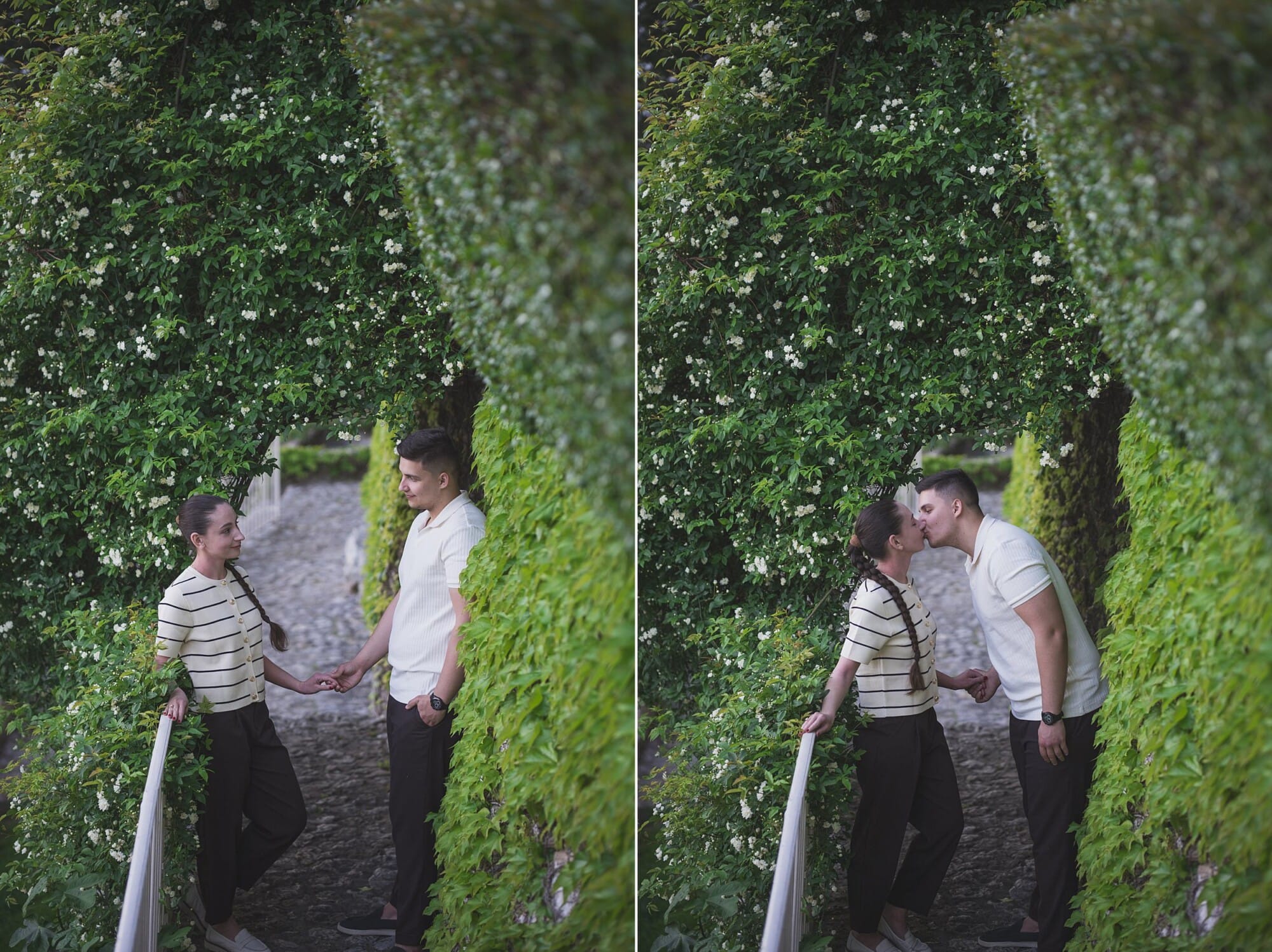 A Breathtaking Surprise Proposal at Château de la Chèvre d’Or, Eze | French Riviera 24 Eze Chateau Chevre d'or Proposal couple exploring the garden surrounded by banks rosesProposal Planning & photography WildRoses