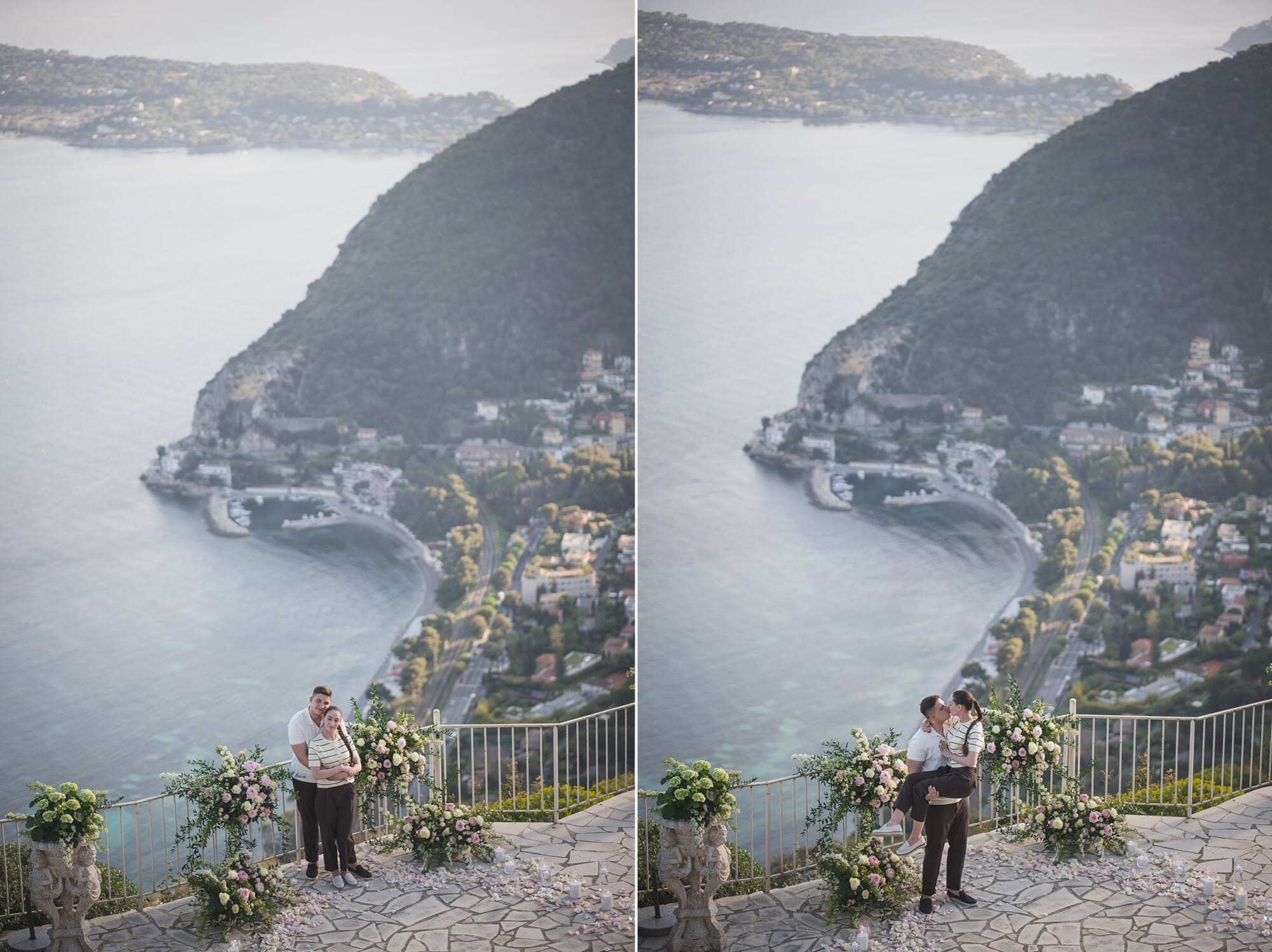 A Breathtaking Surprise Proposal at Château de la Chèvre d’Or, Eze | French Riviera 10 Eze Chateau Chevre d'or Proposal couple with French Riviera coastline view behind themProposal Planning & photography WildRoses