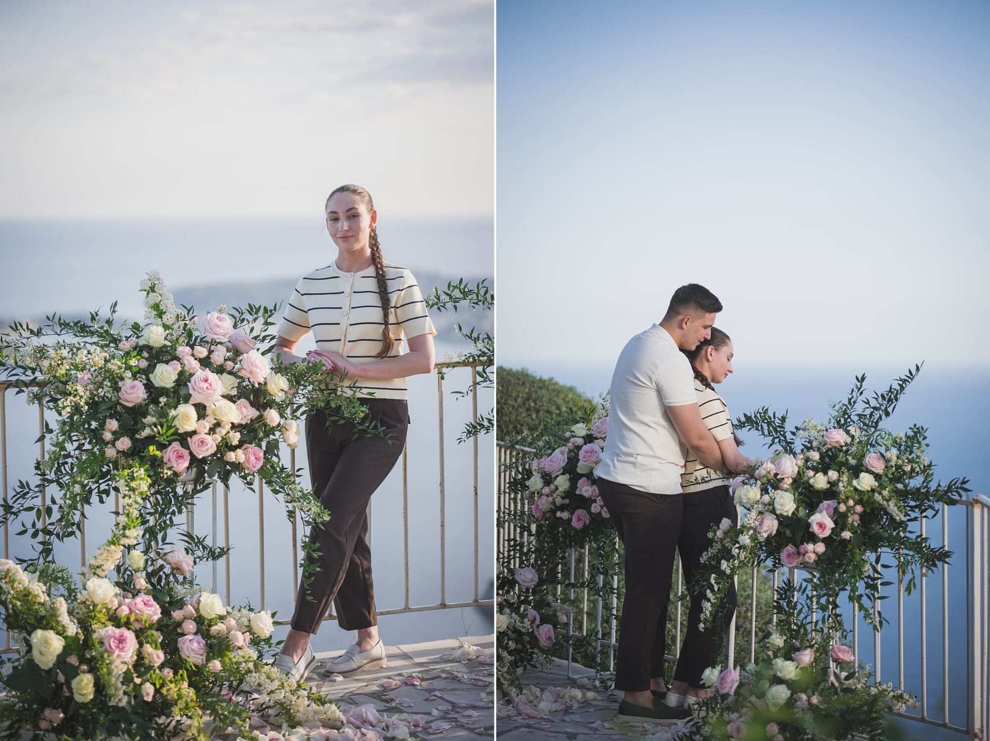 A Breathtaking Surprise Proposal at Château de la Chèvre d’Or, Eze | French Riviera 13 Eze Chateau Chevre d'or Proposal couple hugging with flowers around themProposal Planning & photography WildRoses